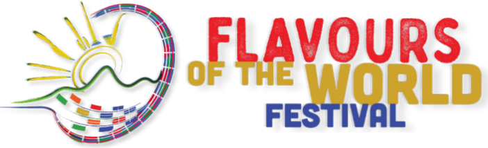 The logo for the 'Flavours of the World Festival' featuring stylized text and a colorful sun-and-mountain emblem on a plain white background.