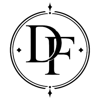 A black monogram logo featuring the intertwined letters D and F inside an ornate circular border with small diamond and star accents, shown on a plain white background.