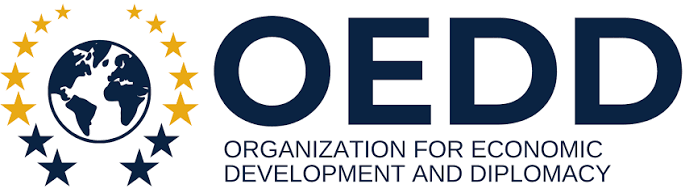 The official logo of the Organization for Economic Development and Diplomacy (OEDD), featuring a dark blue globe surrounded by gold and dark blue stars, alongside the acronym 'OEDD' in dark blue and its full name below, all on a solid white background.