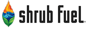 The logo for Shrub Fuel, featuring a stylized flame and leaf emblem in blue, green, orange, and yellow next to the brand name in black text on a white background.